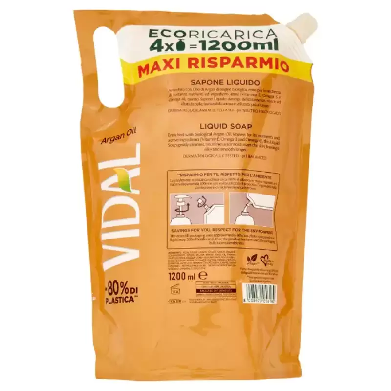 Vidal Sapun lichid Ulei de Argan Organic Ecorezerva 1200 ml Bax 6 buc.